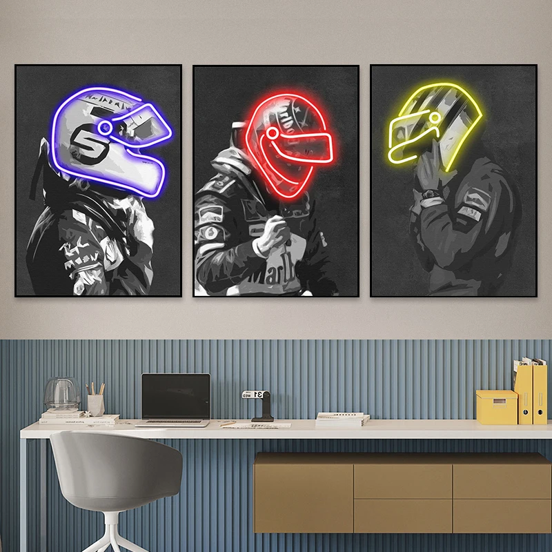 Abstract Neon Effect Helmet Art F1 Racer Posters Prints Wall Art Famous Driver Canvas Painting Racing Cars Lover Bedroom Decor