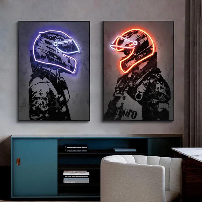 Abstract Neon Effect Helmet Art F1 Racer Posters Prints Wall Art Famous Driver Canvas Painting Racing Cars Lover Bedroom Decor