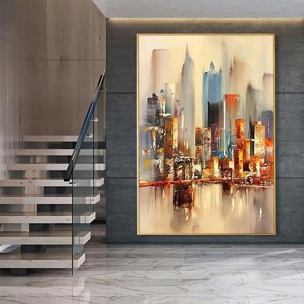 Large Original Abstract City Art Painting New York Skyline Wall Poster Prints Canvas Art Painting Picture For Living Room