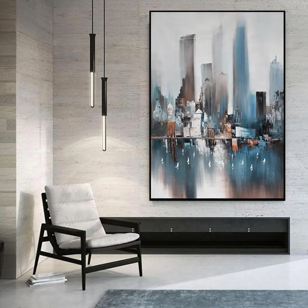 Large Original Abstract City Art Painting New York Skyline Wall Poster Prints Canvas Art Painting Picture For Living Room