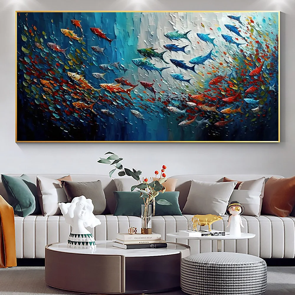Abstract Blue Sea Fish Canvas Painting Nordic Art Graffiti Large Size Posters Print Modern Living Room Home Decoration Picture