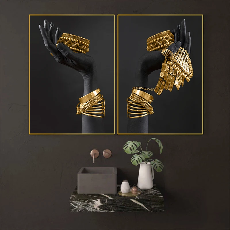 African Woman Wall Art Painting Art Posters And Prints Big Black Woman Holding Gold Jewelry Canvas Picture Home Decoration Gift
