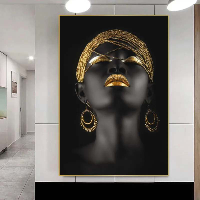 African Woman Wall Art Painting Art Posters And Prints Big Black Woman Holding Gold Jewelry Canvas Picture Home Decoration Gift