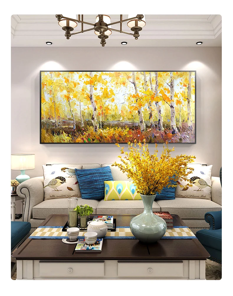 Hand Painted Birch Forest Landscape Oil Painting Scenery Wall Horizontal Decorative Handmade Painting For Living Room Home Décor