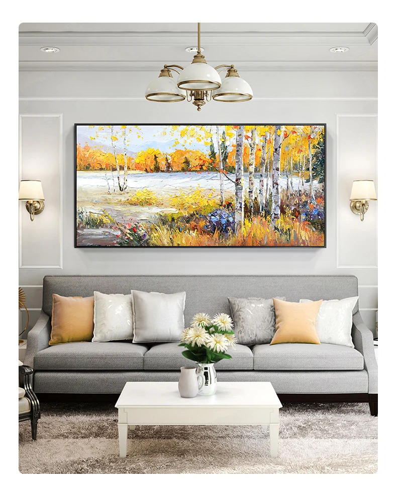 Hand Painted Birch Forest Landscape Oil Painting Scenery Wall Horizontal Decorative Handmade Painting For Living Room Home Décor