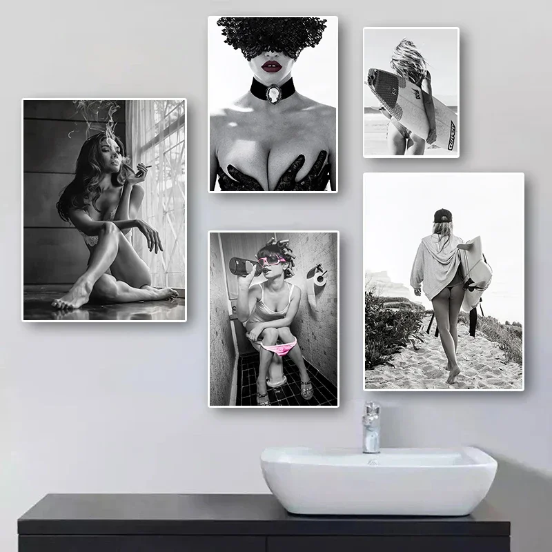 Black and White Beautiful Women Pictures Canvas Poster Sexy Woman with Bikini Modern Wall Art for Living Room Bedroom Home Decor