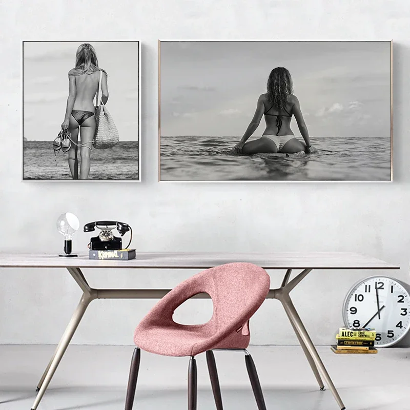 Black and White Beautiful Women Pictures Canvas Poster Sexy Woman with Bikini Modern Wall Art for Living Room Bedroom Home Decor