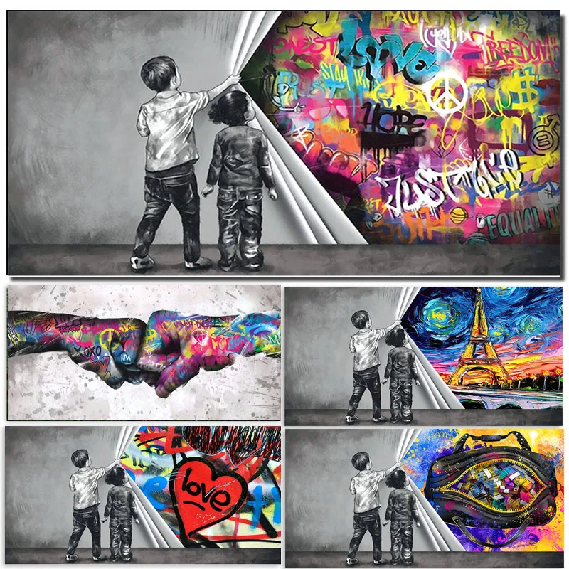 Large Size Graffiti Child Uncovered Justice Canvas Painting Fist Mobile Shackle Poster Print Wall Art Picture Living Room Decor