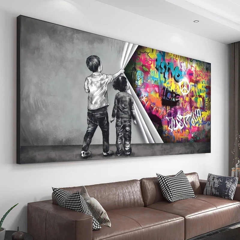 Large Size Graffiti Child Uncovered Justice Canvas Painting Fist Mobile Shackle Poster Print Wall Art Picture Living Room Decor