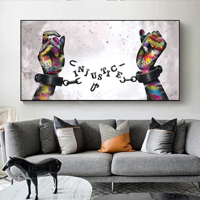 Large Size Graffiti Child Uncovered Justice Canvas Painting Fist Mobile Shackle Poster Print Wall Art Picture Living Room Decor