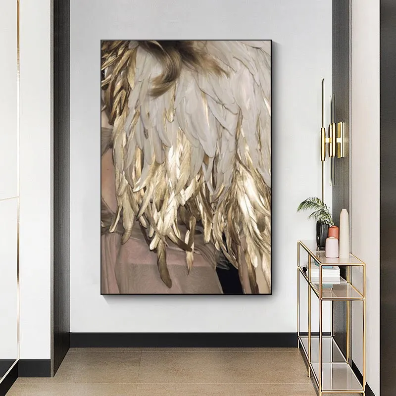 Modern Golden White Feather Canvas Paintings Minimalist Nordic Posters Print Wall Art Picture for Living Room Home