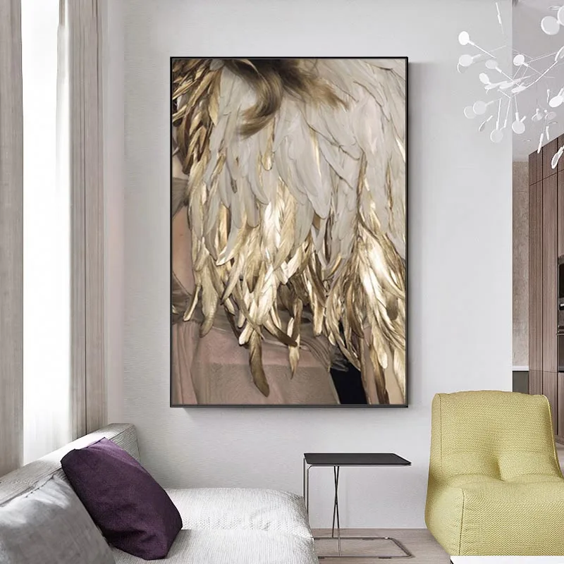 Modern Golden White Feather Canvas Paintings Minimalist Nordic Posters Print Wall Art Picture for Living Room Home