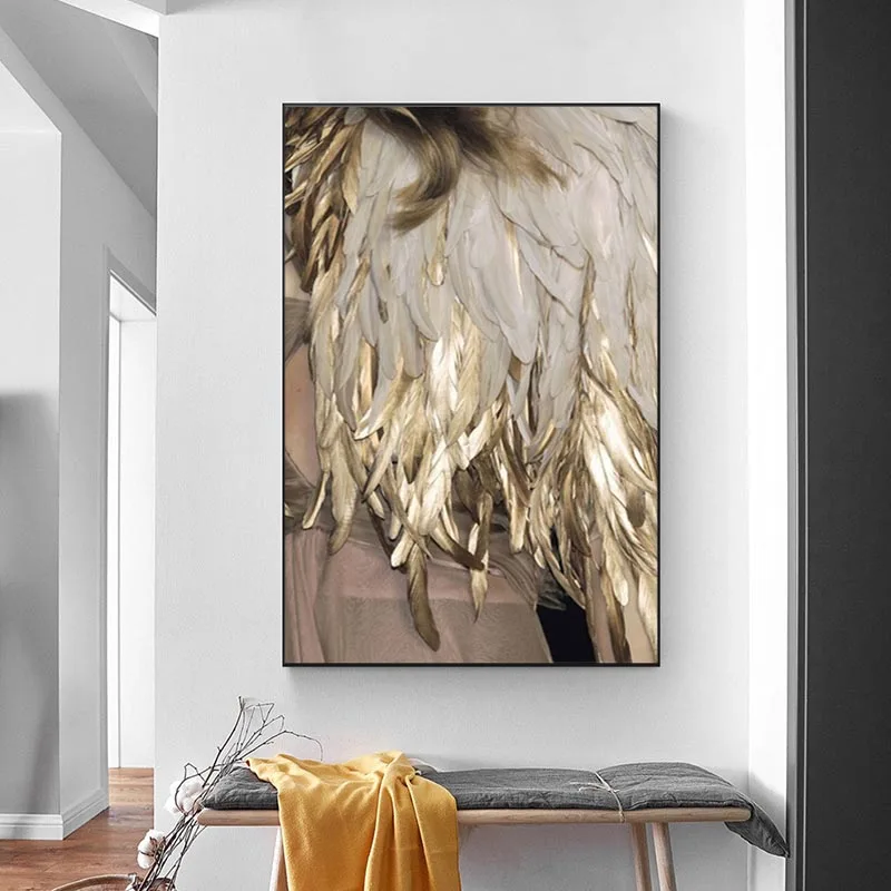 Modern Golden White Feather Canvas Paintings Minimalist Nordic Posters Print Wall Art Picture for Living Room Home