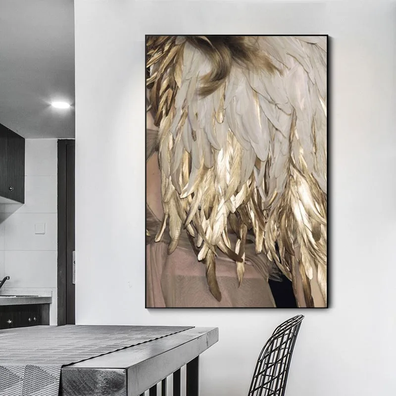 Modern Golden White Feather Canvas Paintings Minimalist Nordic Posters Print Wall Art Picture for Living Room Home