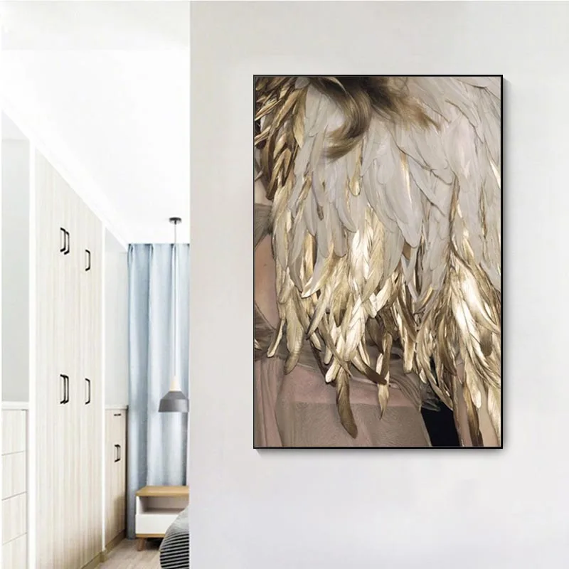 Modern Golden White Feather Canvas Paintings Minimalist Nordic Posters Print Wall Art Picture for Living Room Home