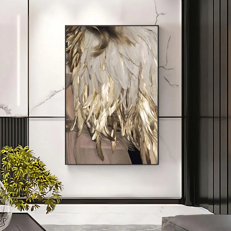 Modern Golden White Feather Canvas Paintings Minimalist Nordic Posters Print Wall Art Picture for Living Room Home