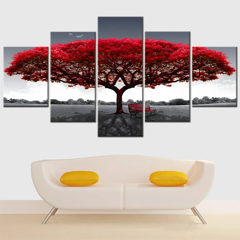 Nature 5 Pieces Canvas Art Wall Décor Painting Abstract Red Tree Sunset Picture Modular Home Decoration Poster Print Photo Frame