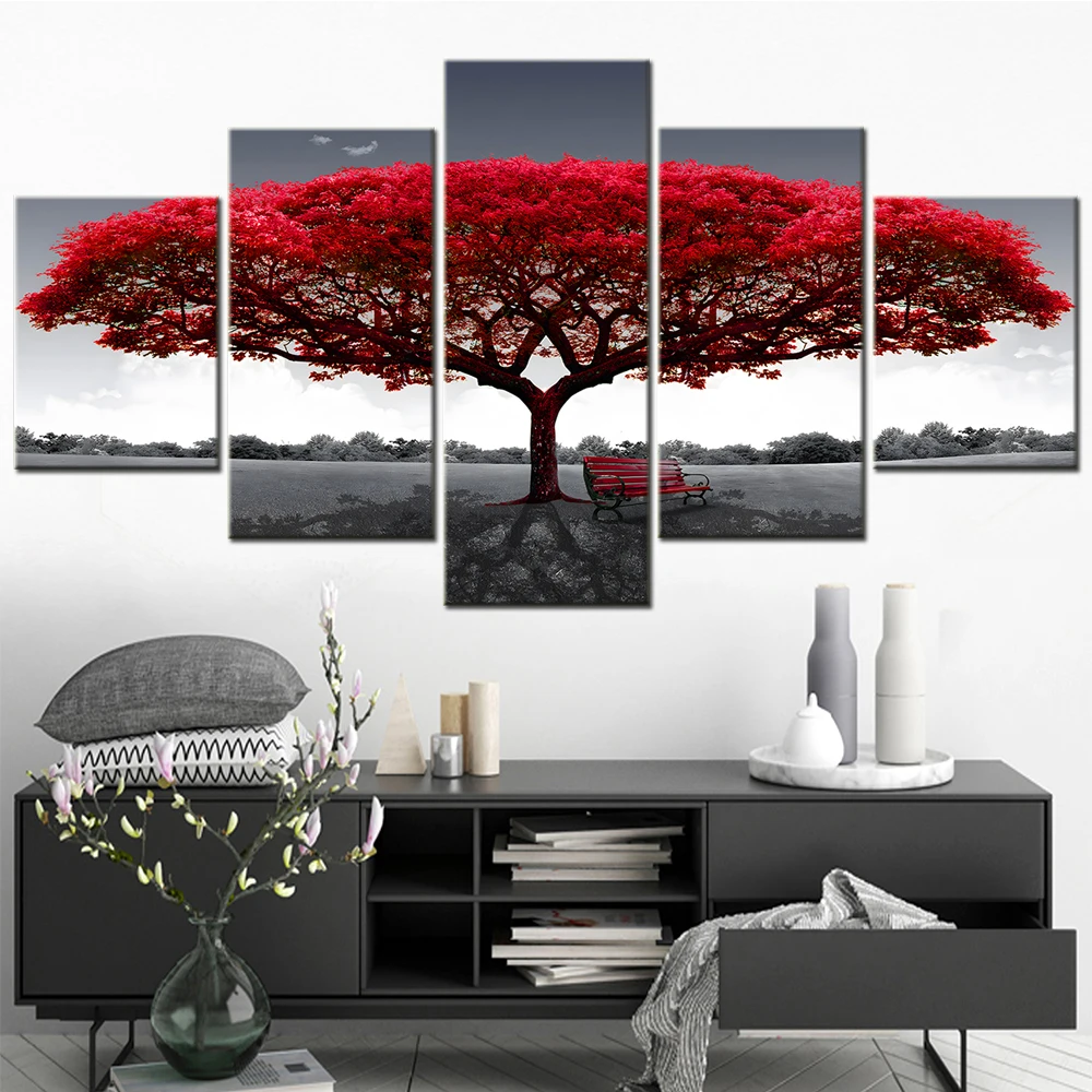 Nature 5 Pieces Canvas Art Wall Décor Painting Abstract Red Tree Sunset Picture Modular Home Decoration Poster Print Photo Frame