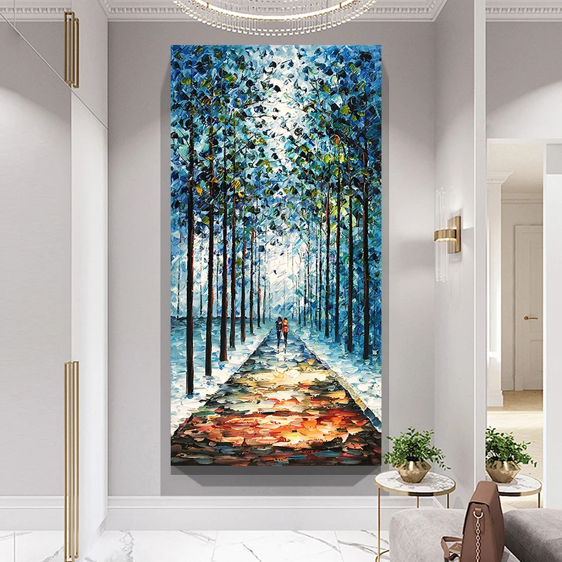 Romantic Art Canvas Painting Blue Large Vertical Canvas Posters Prints Wall Art Winter Forest Path Painting Home Wall Decoration