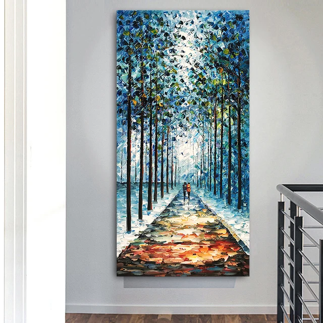 Romantic Art Canvas Painting Blue Large Vertical Canvas Posters Prints Wall Art Winter Forest Path Painting Home Wall Decoration