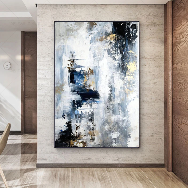 Abstract Office Wall Art Modern Oil Painting Hand Painted Canvas Posters and Prints Textured Golden Blue Wall Decoration Cuadros