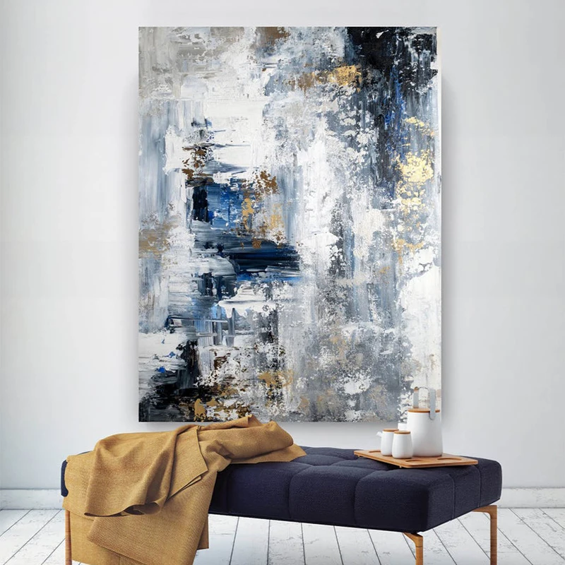 Abstract Office Wall Art Modern Oil Painting Hand Painted Canvas Posters and Prints Textured Golden Blue Wall Decoration Cuadros