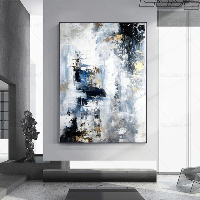 Abstract Office Wall Art Modern Oil Painting Hand Painted Canvas Posters and Prints Textured Golden Blue Wall Decoration Cuadros