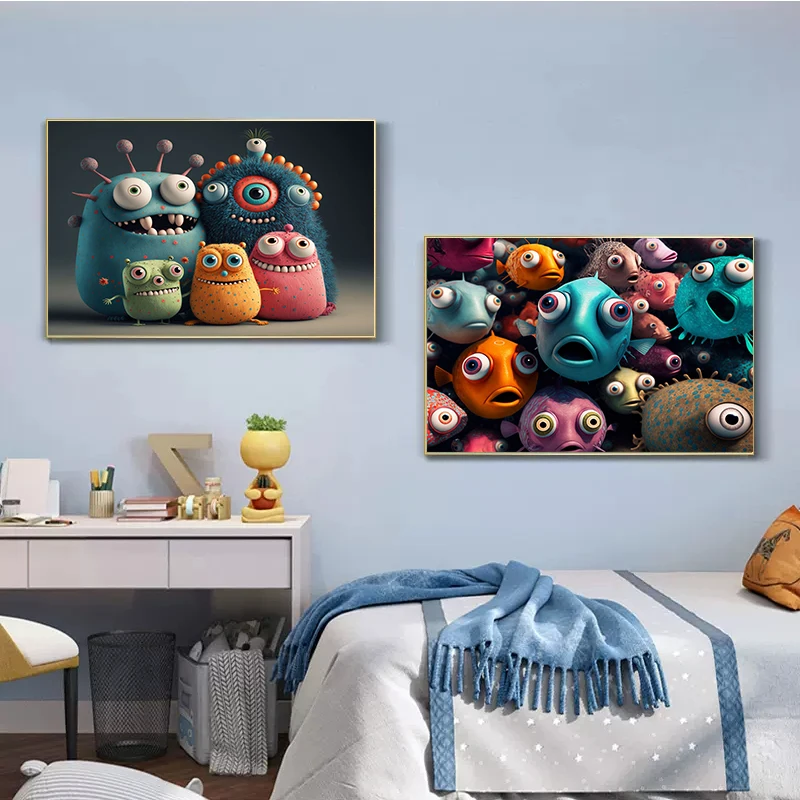 Wall Art Cartoon More Big Eyed Fish Family Posters Nursery Children's Room Bedroom Home Decoration