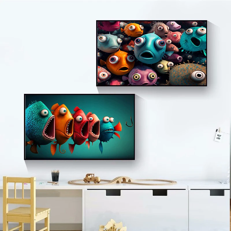 Wall Art Cartoon More Big Eyed Fish Family Posters Nursery Children's Room Bedroom Home Decoration