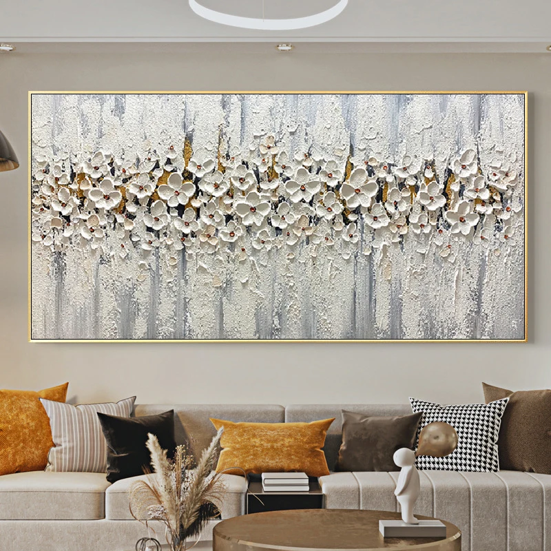 Abstract Oil On Canvas Painting White Flower Posters And Prints Modern Floral Wall Art For Living Room Decor