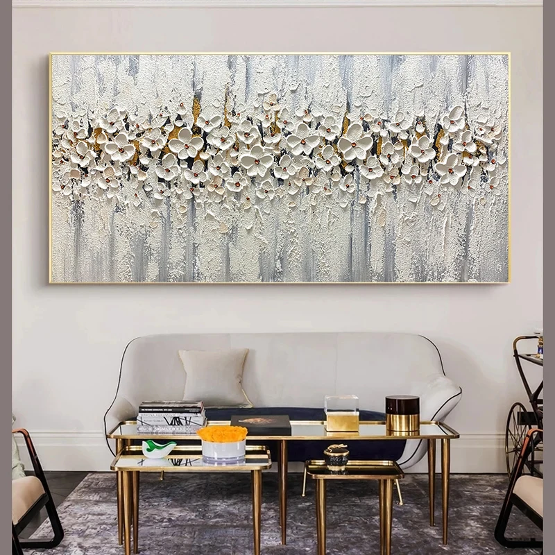 Abstract Oil On Canvas Painting White Flower Posters And Prints Modern Floral Wall Art For Living Room Decor