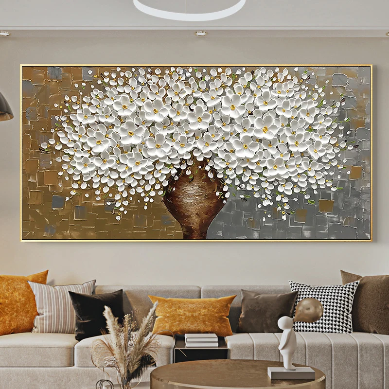 Abstract Oil On Canvas Painting White Flower Posters And Prints Modern Floral Wall Art For Living Room Decor