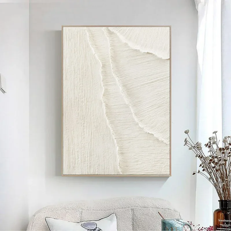 Large Nordic White abstract wall Beige 3D texture painting Handmade modern living room Minimalist Art Living Room Bedroom Décor