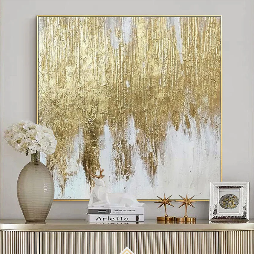 Modern Decoration Salon Posters On The Wall Pure Hand Drawn Abstract Oil Painting Gold Foil Picture For Living Room