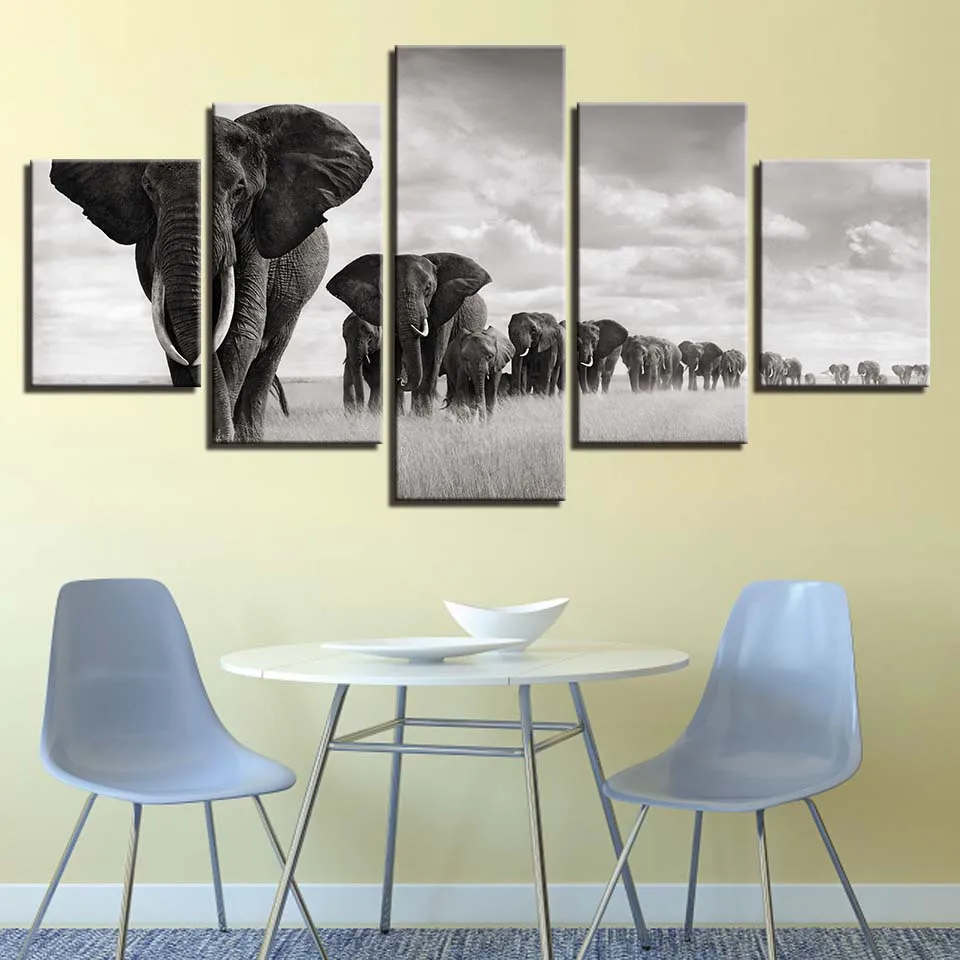 5 Pieces Canvas HD Printed Pictures Home Decor Elephants Walking on the Grassland Paintings Modular Posters Wall Art Frame