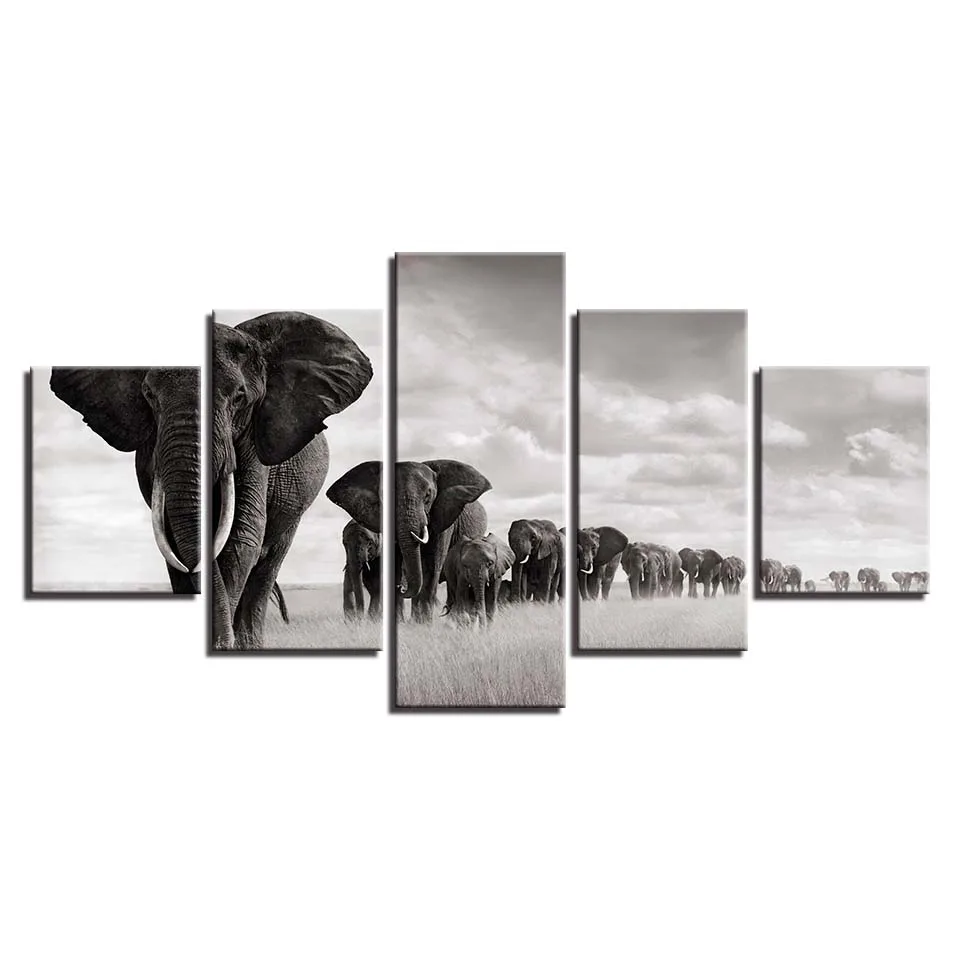 5 Pieces Canvas HD Printed Pictures Home Decor Elephants Walking on the Grassland Paintings Modular Posters Wall Art Frame