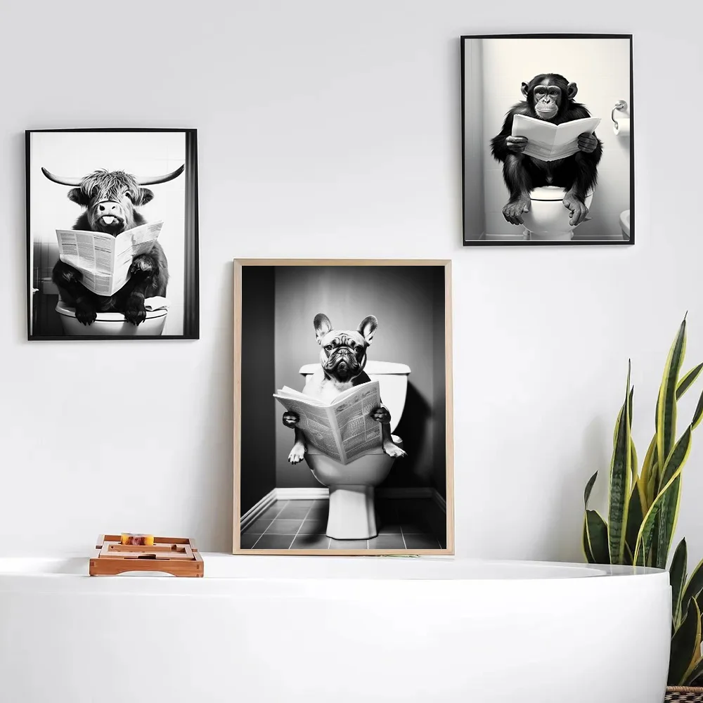 Funny Toilet Reading Newspaper Canvas Poster Wall Art Pictures Home Farmhouse Décor