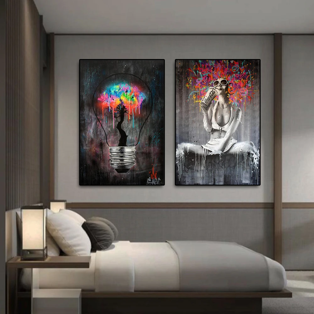 Street Graffiti Abstract Wall Art Poster Creative Light Bulb Canvas Painting Modern Home Bedroom Décor Mural