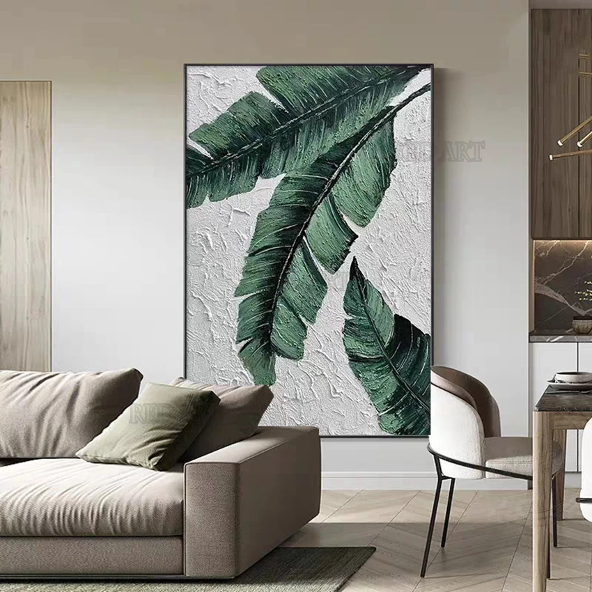 Hotel Hall Decor Large Plantain Leaves Oil Painting Canvas Picture Art 100% Hand-painted No Frame Abstract Texture Wall Art