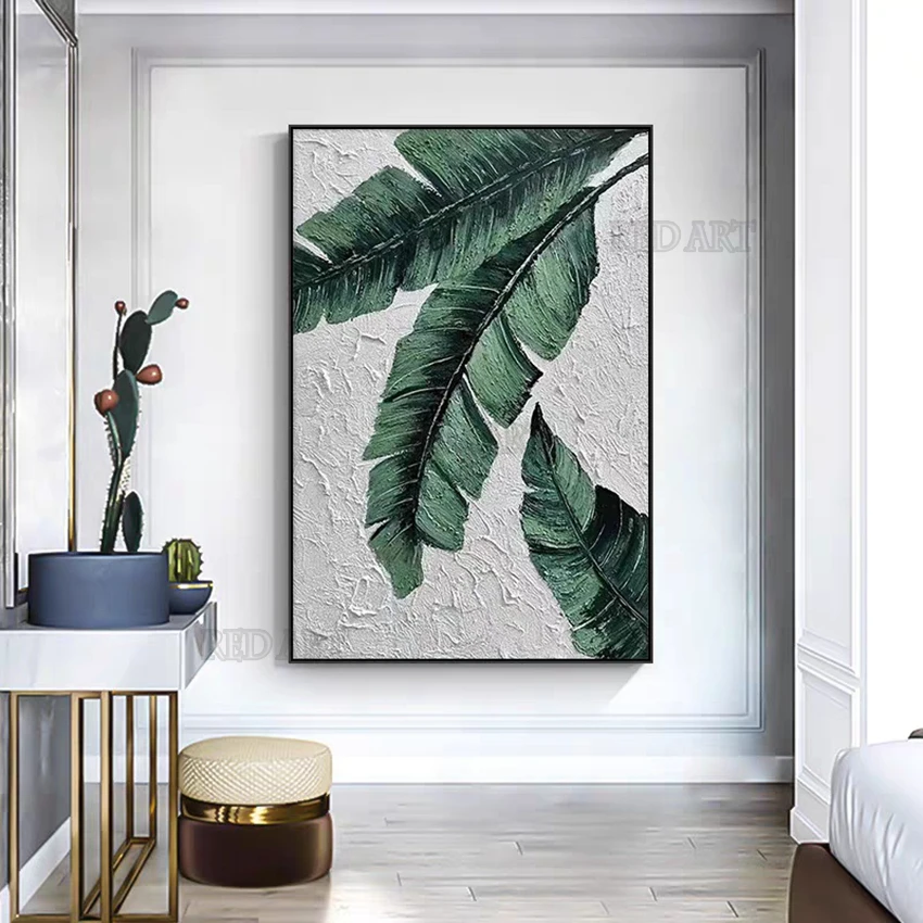 Hotel Hall Decor Large Plantain Leaves Oil Painting Canvas Picture Art 100% Hand-painted No Frame Abstract Texture Wall Art