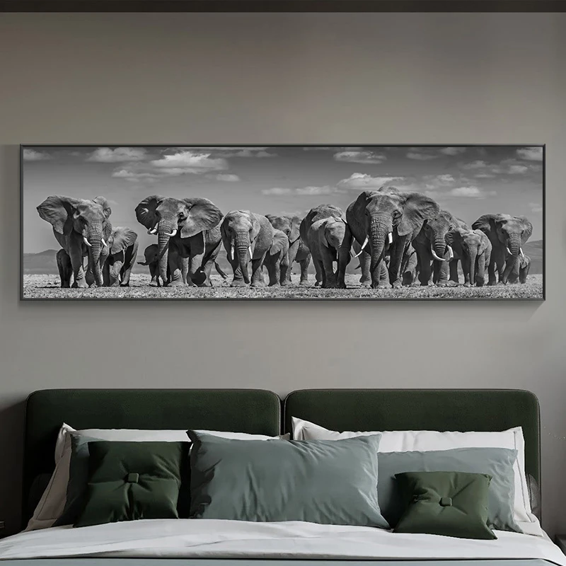 Large Size African Elephant Herd Canvas Painting Wild Animals Posters Blackl and White Wall Art Picture Living Room Decoration