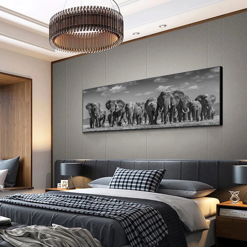 Large Size African Elephant Herd Canvas Painting Wild Animals Posters Blackl and White Wall Art Picture Living Room Decoration