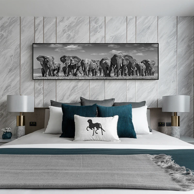 Large Size African Elephant Herd Canvas Painting Wild Animals Posters Blackl and White Wall Art Picture Living Room Decoration