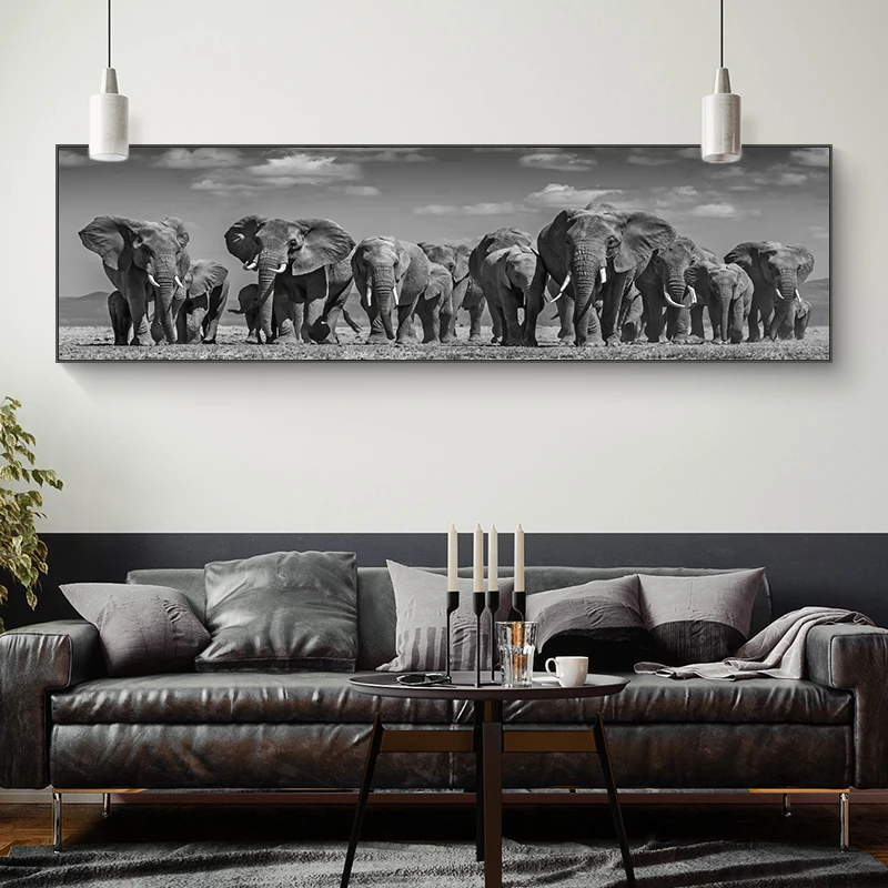 Large Size African Elephant Herd Canvas Painting Wild Animals Posters Blackl and White Wall Art Picture Living Room Decoration