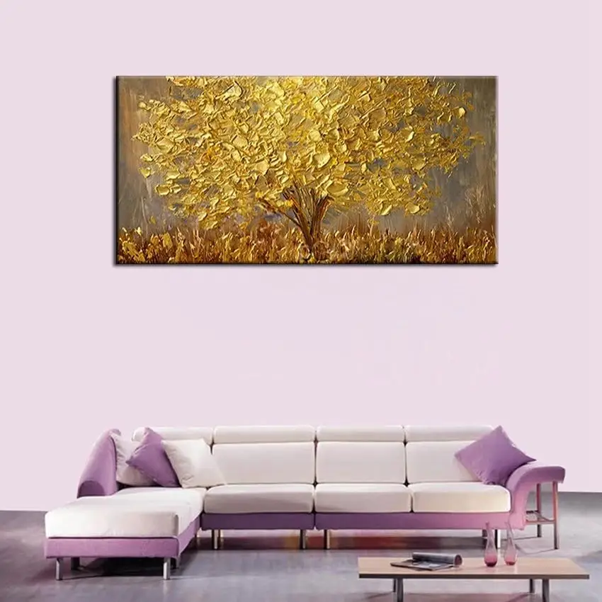 Hand Painted Large Palette 3D Knife Gold Tree Painting Modern landscape Oil Painting On Canvas Wall Art Picture For Living Room