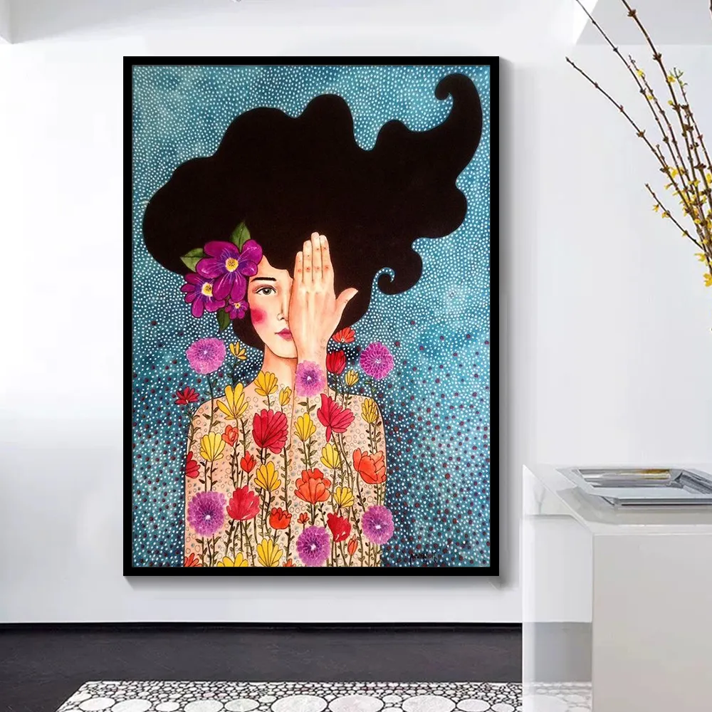 Abstract Flowers Girl Hair Wall Art Canvas Painting Bird Nordic Poster Art Prints Wall Pictures For Living Room Vintage Unframed