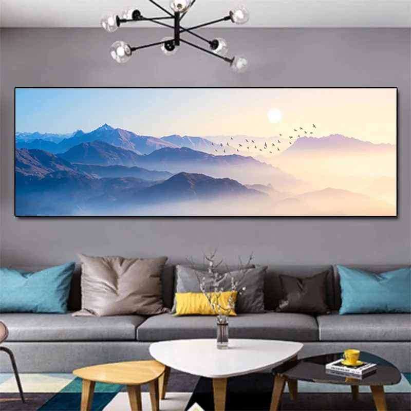 Landscape Paintings Blue Mountain and Birds Pictures Wall Decor Canvas Art Prints and Posters for Living Room Home Decor Cuadros