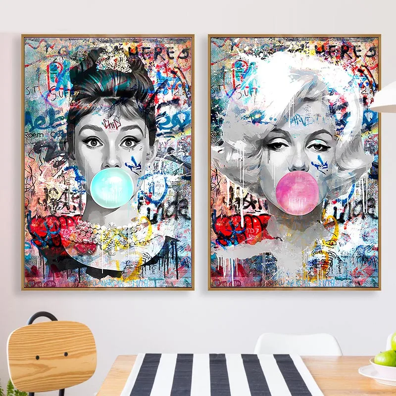 Hepburn Poster Print Pictures Marilyn Monroe Chewing Gum Street Art Pop Art Canvas Painting Home Decor Women Room Wall Art Mural