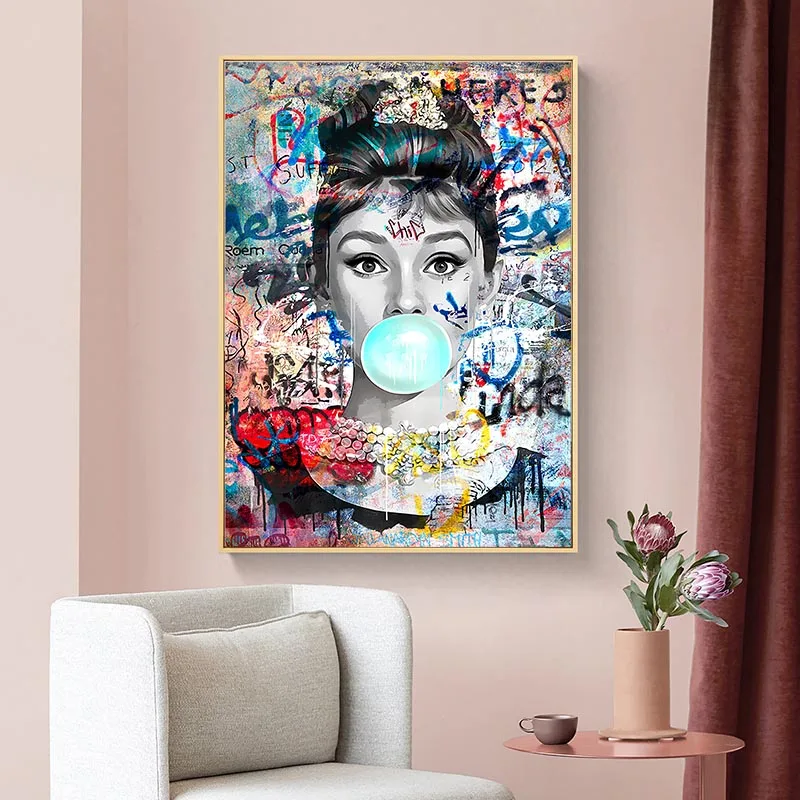 Hepburn Poster Print Pictures Marilyn Monroe Chewing Gum Street Art Pop Art Canvas Painting Home Decor Women Room Wall Art Mural