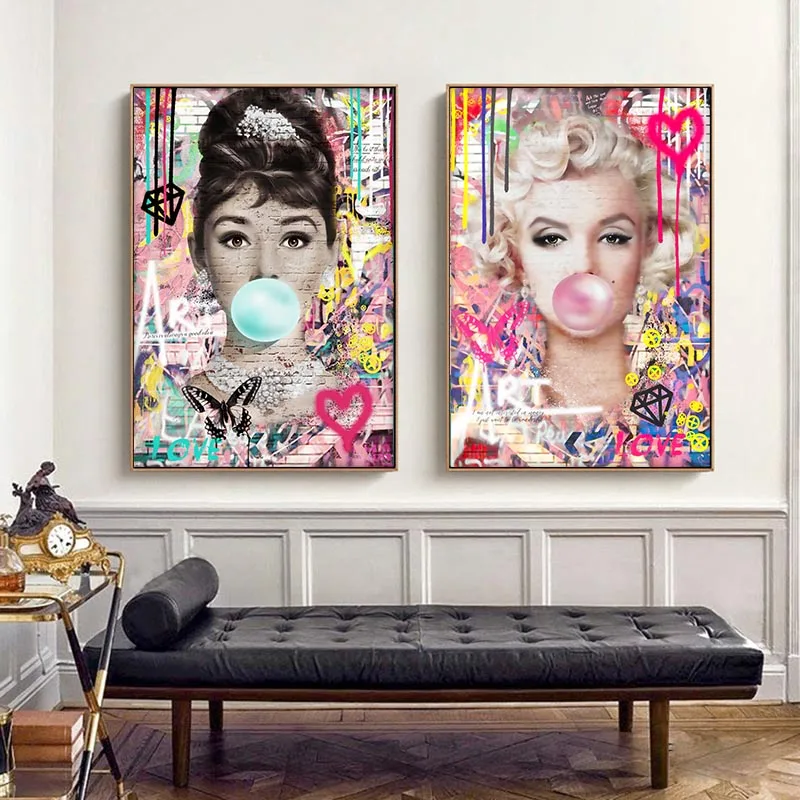 Hepburn Poster Print Pictures Marilyn Monroe Chewing Gum Street Art Pop Art Canvas Painting Home Decor Women Room Wall Art Mural